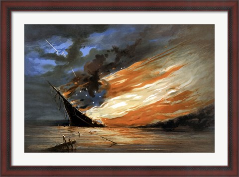 Framed Vintage Civil War painting Warship Burning Print