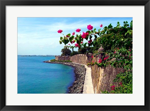Framed Waterfront Walkway, Fort San Felipe del Morro, San Juan, Puerto Rico, Print