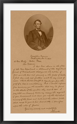 Framed President Abraham Lincoln and His Letter to Mrs Bixby Print