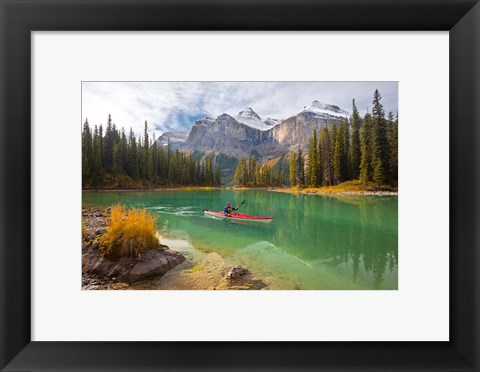 Framed Kayaker on Maligne Lake, Jasper National Park, Alberta, Canada Print