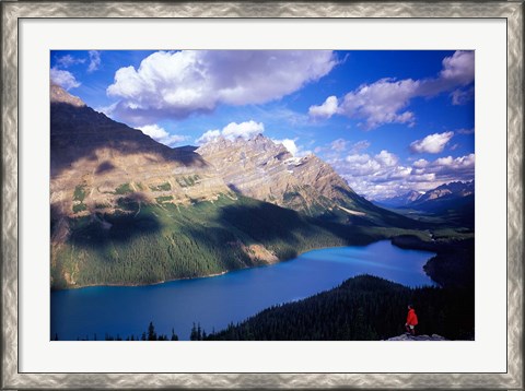Framed Hiker Overlooking Peyto Lake, Banff National Park, Alberta, Canada Print