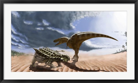 Framed Tarbosaurus dinosaur and an armored Saichania ankylosaurid Print