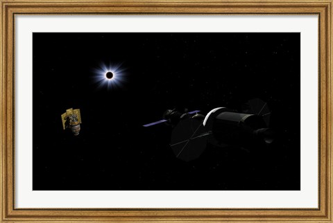 Framed Orion class Crew Exploration Vehicle paired with a Soyuz TMA spacecraft Print