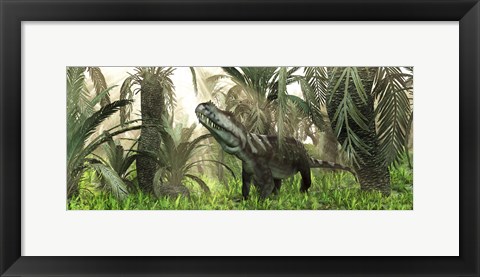 Framed archosaur wanders amidst cycads and ferns in a prehistoric swamp Print