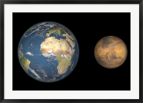 Framed Artist&#39;s Concept Comparing the Size of Mars with that of the Earth Print