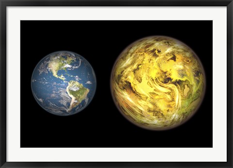 Framed Illustration Comparing the Size of Extrasolar Planet Gliese 581 C with that of the Earth Print