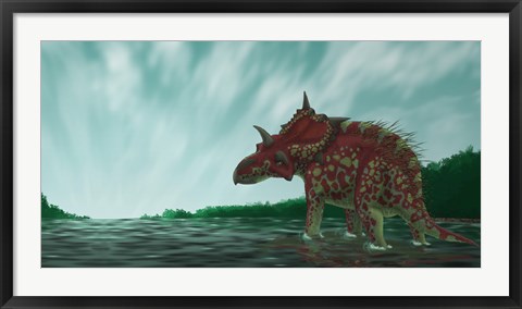 Framed Xenoceratops in the Shallow Waters of a Prehistoric River Print