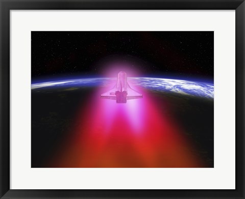 Framed Illustration of a space shuttle re-entering the Earth&#39;s atmosphere Print