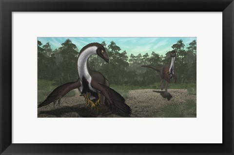 Framed Ornithomimus Mother Dinosaur with Juveniles, Adult Male in Background Print