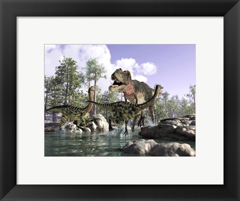 Framed Tyrannosaurus Rex Hunting two Gallimimus Dinosaurs in a River Print