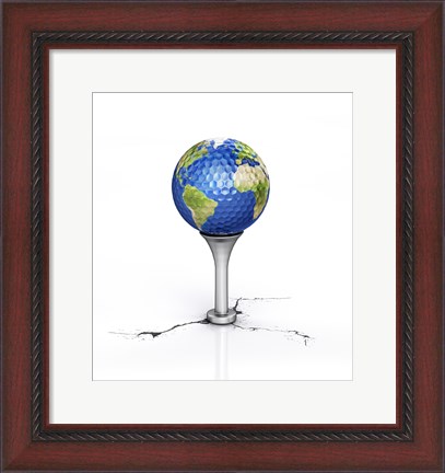 Framed Golf Ball with the Texture of Planet Earth Placed on a Tee Print