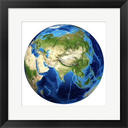 Framed 3D rendering of Planet Earth with Clouds, Centered on Asia Print