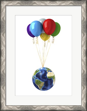 Framed Planet Earth Lifted by a Bunch of Flying Multicolored Balloons Print