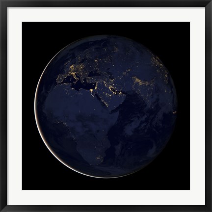 Framed Full Earth Showing City Lights of Africa, Europe, and the Middle East Print