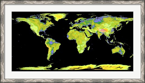 Framed Digital Elevation Model of the Continents on Earth Print