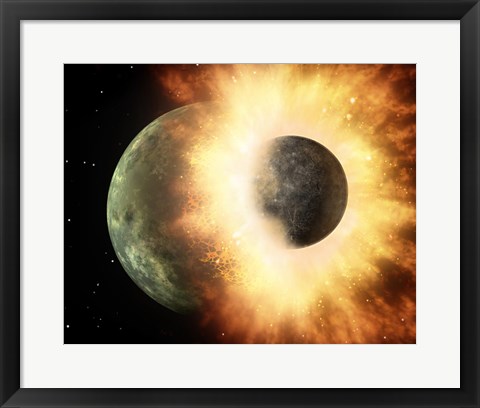 Framed Artist&#39;s Concept of a Celestial Body Colliding into a Planet Sized Body Print