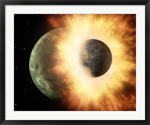 Framed Artist&#39;s Concept of a Celestial Body Colliding into a Planet Sized Body Print