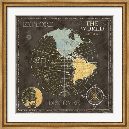 Framed Old World Journey Map Black I Print
