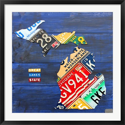 Framed Michigan Blue License Plate Map Print