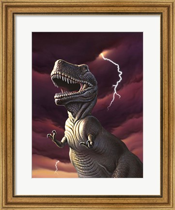 Framed Tyrannosaurus Rex in a Storm Print