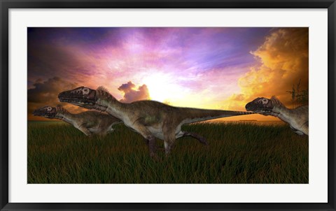 Framed Three Utahraptors Running at Sunset Print