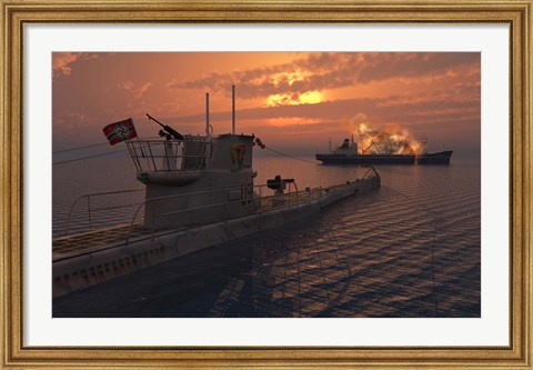 Framed German U-Boat and Allied Cargo Ship Print