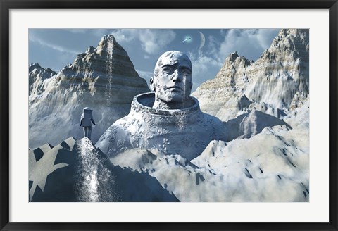 Framed Lone Astronaut looking at Statue Print