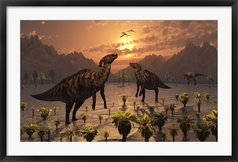 Framed T Rex and Parasaurolophus Duckbill Dinosaurs Print