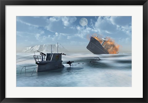 Framed German U-Boat Sinking a Ship Print