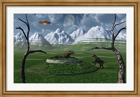 Framed Sabre-Tooth Tigers Encountering UFO&#39;s Print