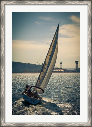 Framed Spain, Barcelona Sailboat on the Balearic Sea just off the Coast Print