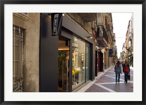 Framed Shopping street in Village of Vilanova i la Geltru, Catalonia, Spain Print