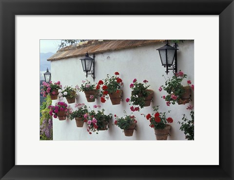 Framed Geraniums along White Wall of Palacio de Mondragon, Ronda, Spain Print