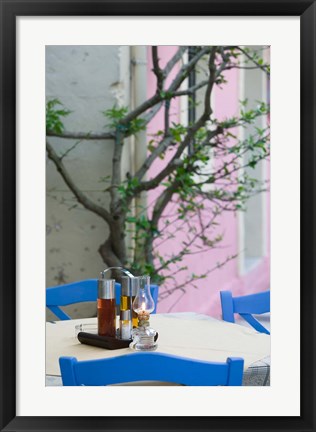 Framed Cafe Table, Yacht Harbor, Fiskardo, Kefalonia, Ionian Islands, Greece Print