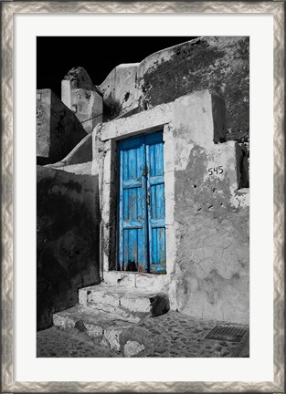 Framed Colorful Blue Door, Oia, Santorini, Greece Print