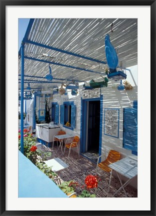 Framed Breakfast Bar with Bird Cages, Thira, Cyclades Islands, Greece Print