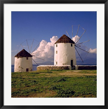Framed Greece, Mykonos White-washed Windmills Print