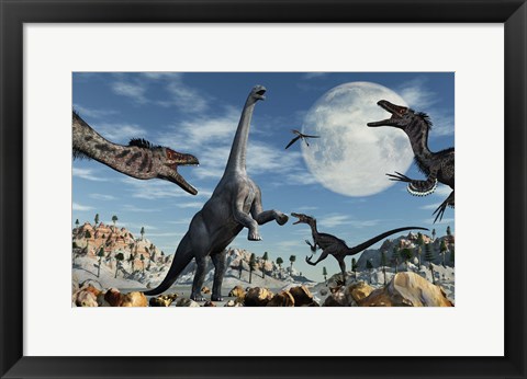 Framed Lone Camarasaurus Dinosaur is Confronted by a Pack of Velociraptors Print