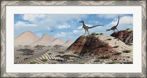 Framed Velociraptors Stalking a Herd of Protoceratops Print
