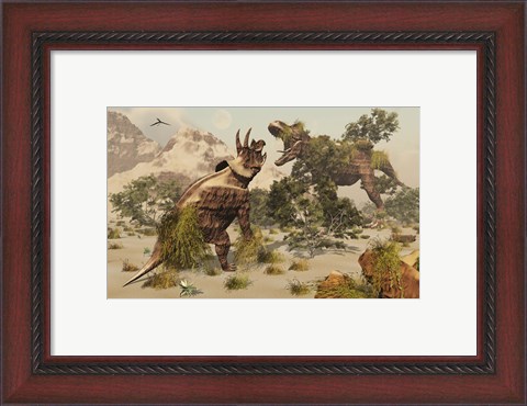 Framed Living fossils of a Triceratops and a T-Rex Confronting Each Other Print