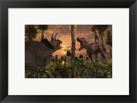 Framed T- Rex and Triceratops meet for a Battle 1 Print