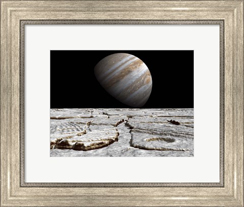 Framed Artist&#39;s concept of Jupiter as Seen Across the Icy Surface of its Moon Europa Print
