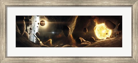 Framed Asteroid field next to an Earth-like Planet in a Dual-star System Print