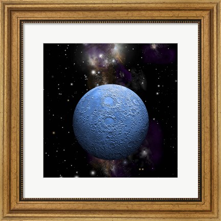 Framed Artist&#39;s depiction of a cratered moon in space with a Nebula in the background Print