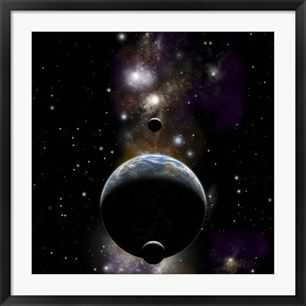 Framed Earth type world with two moons against a background of Nebula and stars Print