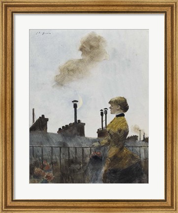 Framed Young Woman On A Balcony In Profile Print