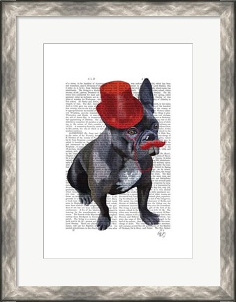 Framed French Bulldog With Red Top Hat and Moustache Print