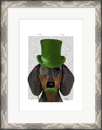 Framed Dachshund with Green Top Hat Black Tan Print