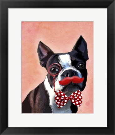 Framed Boston Terrier Portrait with Red Bow Tie and Moustache Print