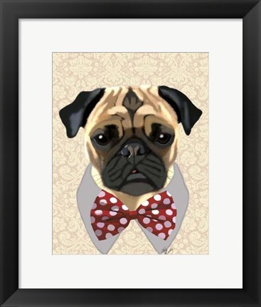 Framed Pug with Red and White Spotty Bow Tie Print